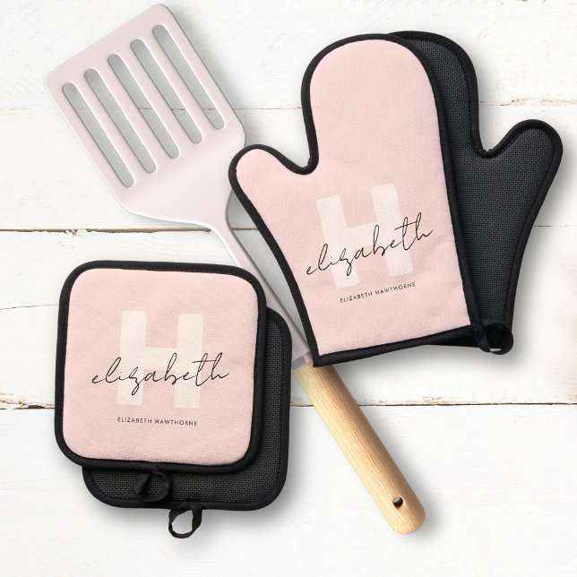 Modern Monogram Girly Script Blush Pink Initial Oven Mitt & Pot Holder Set (Creator Uploaded)