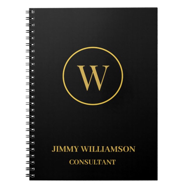 Modern Monogram Gold Black Business Notebook (Front)