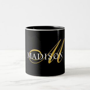 Modern Monogram Gold Black White Script Name Two-Tone Coffee Mug