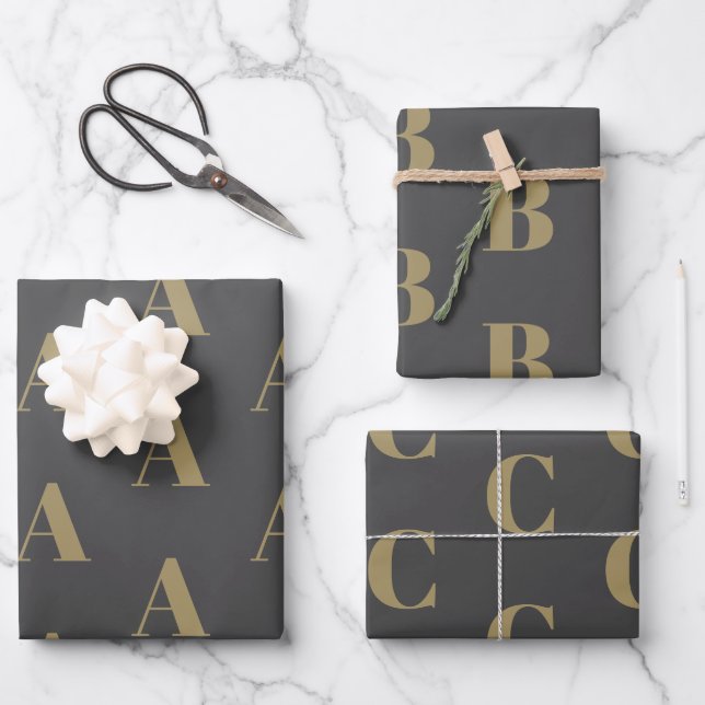 Modern monogram gold charcoal grey initial pattern wrapping paper sheet (Front)
