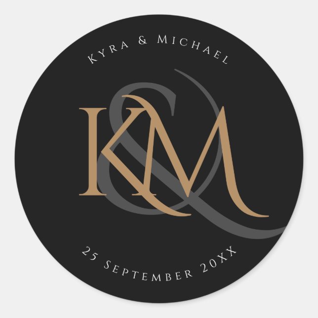 Modern Monogram Gold Script Black Elegant Wedding Classic Round Sticker (Front)