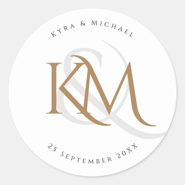 Modern Monogram Gold Script White Elegant Wedding Classic Round Sticker (Front)