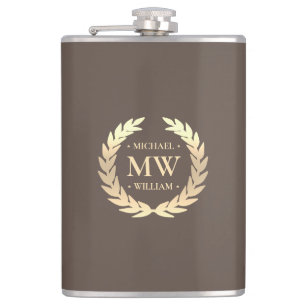 Modern Monogram Golfer Name Initials Brown Gold  Hip Flask