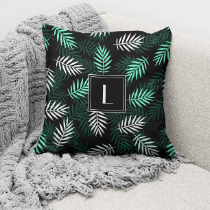 Modern Monogram Green Botanical Leaves  Cushion
