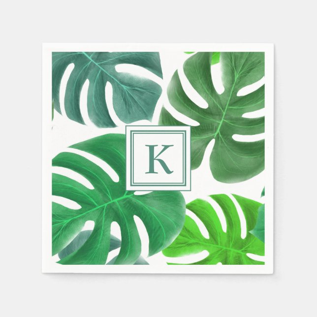 Modern Monogram Green Botanical Palm Leaves  Napkin (Front)