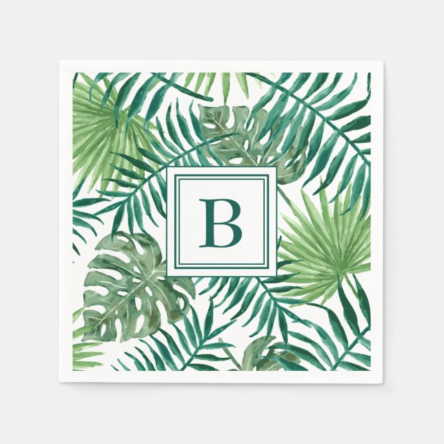Modern Monogram Green Botanical Palm Leaves Napkin (Front)
