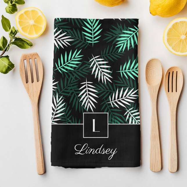 Modern Monogram Green Botanical Pattern Tea Towel (Modern Monogram Green Botanical Pattern Kitchen Towel)