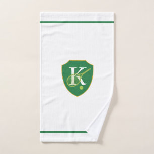 Modern Monogram Green Crest Tennis Hand Towel