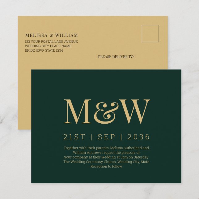 Modern Monogram Green Gold Wedding Invitation Postcard (Front/Back)