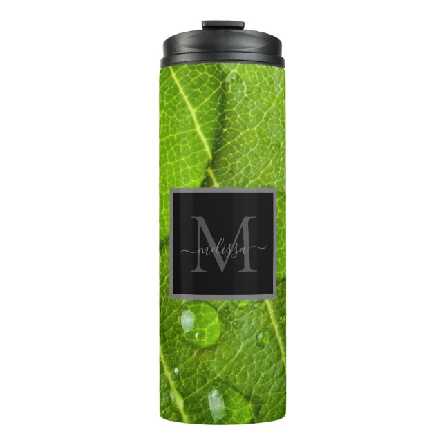 Modern Monogram Green Leaf Raindrops  Thermal Tumbler (Front)