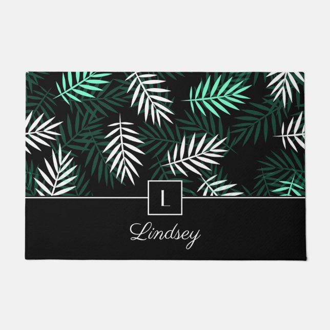 Modern Monogram Green Leaves Pattern Doormat (Front)