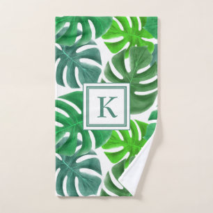 Modern Monogram Green Palm Leaves Bath Towel Set