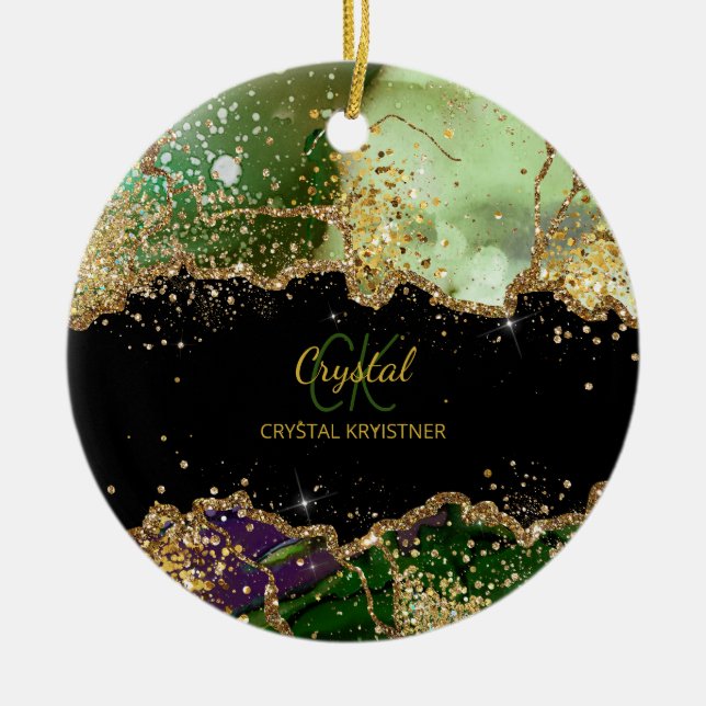 Modern Monogram Green purple Agate Glitter Ceramic Ornament (Front)