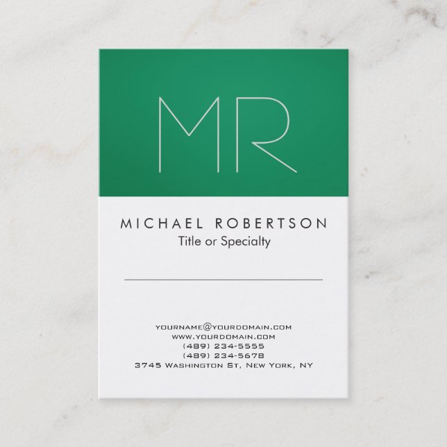 Modern Monogram Green White Clean Business Card (Front)
