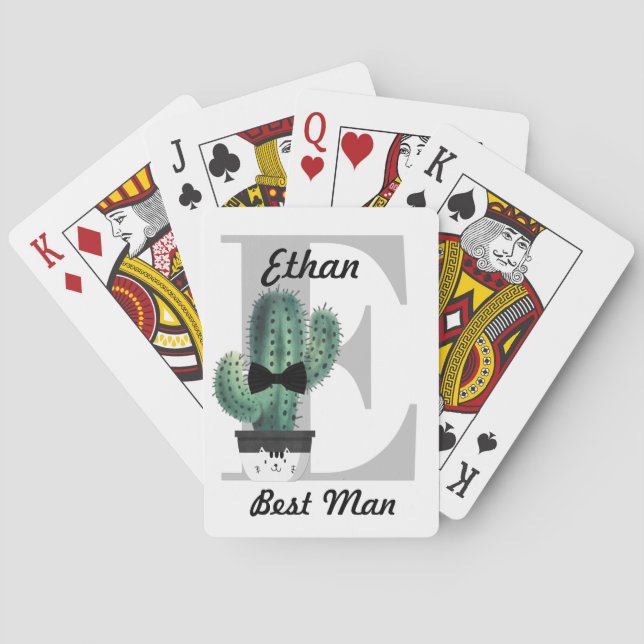 Modern Monogram Greenery Tied Cactus Best Man Gift Playing Cards (Back)