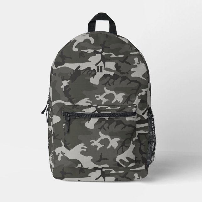 Modern Monogram Grey Camouflage Camo Pattern Printed Backpack (Front)