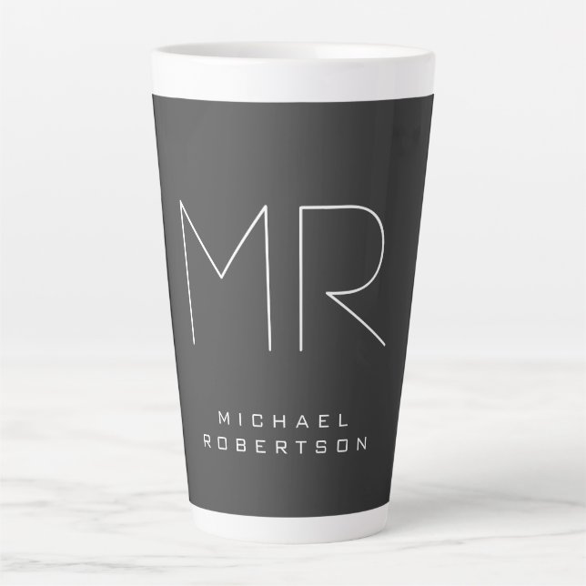Modern Monogram Grey White Minimalist Latte Mug (Front)