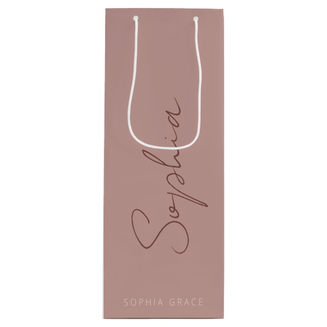 Modern Monogram Handwritten Script Dusty Rose  Wine Gift Bag (Front)