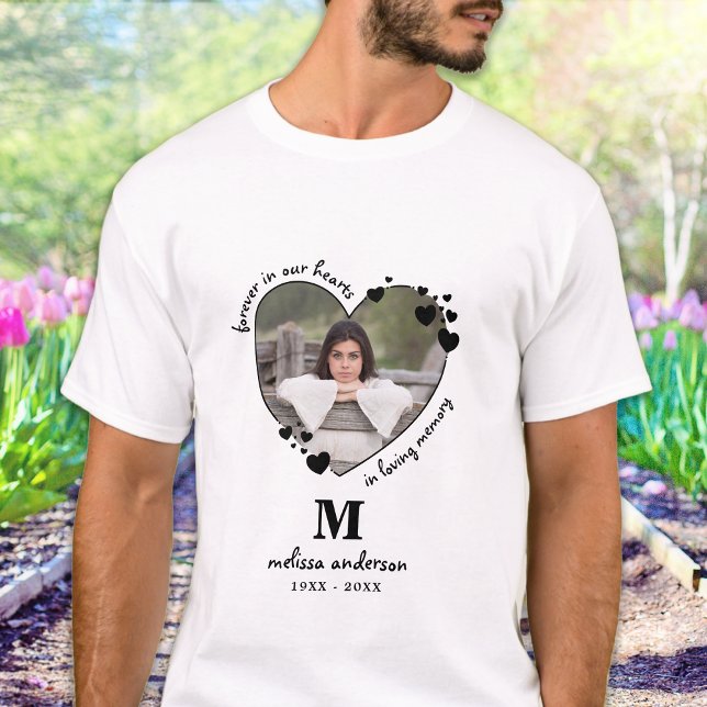 Modern Monogram Hearts Personalised Photo Memorial T-Shirt (Creator Uploaded)