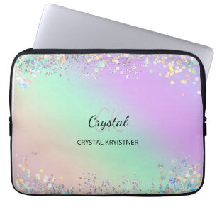 Modern Monogram Holographic Pastel Glitter Laptop Sleeve