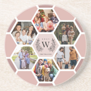 Modern Monogram Honeycomb Photo Collage Coaster