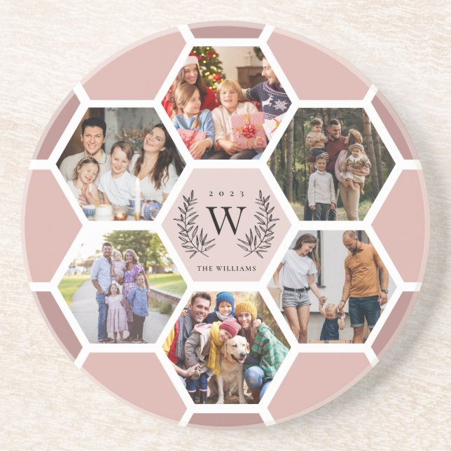 Modern Monogram Honeycomb Photo Collage    Coaster (Front)