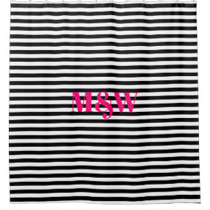 Modern monogram hot pink black white stripes  shower curtain