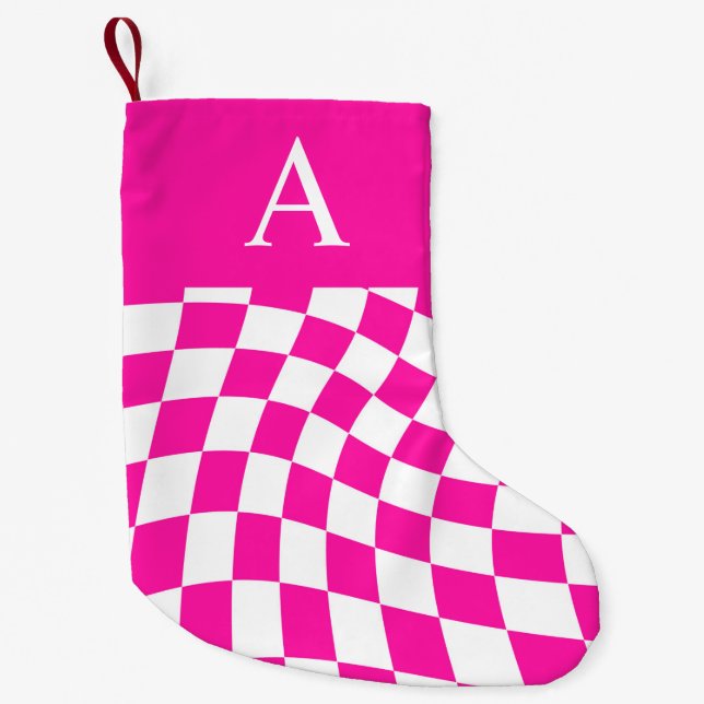 Modern Monogram Hot Pink Chequered  Small Christmas Stocking (Front)