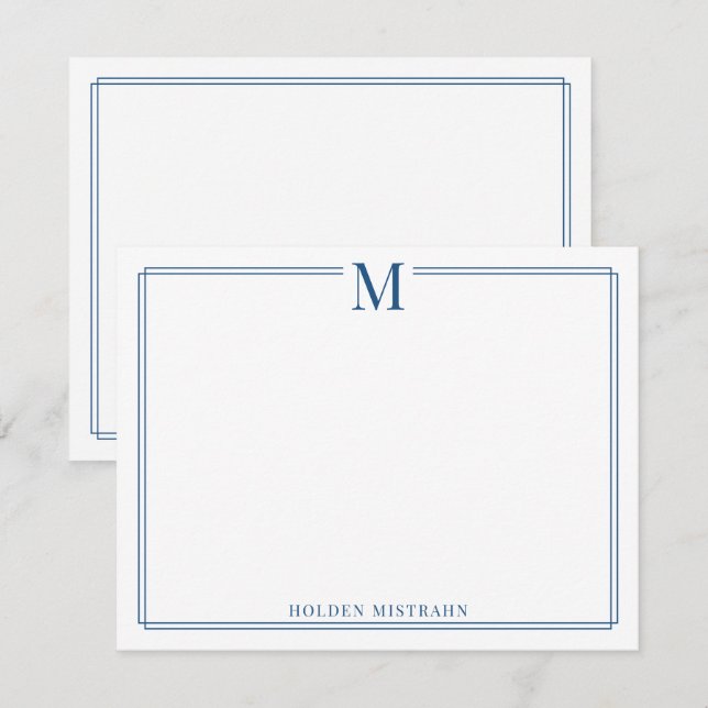 Modern Monogram Initial Blue Border Stationery Card (Front/Back)