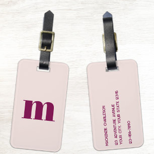 Modern Monogram Initial Blush Pink Burgundy Luggage Tag