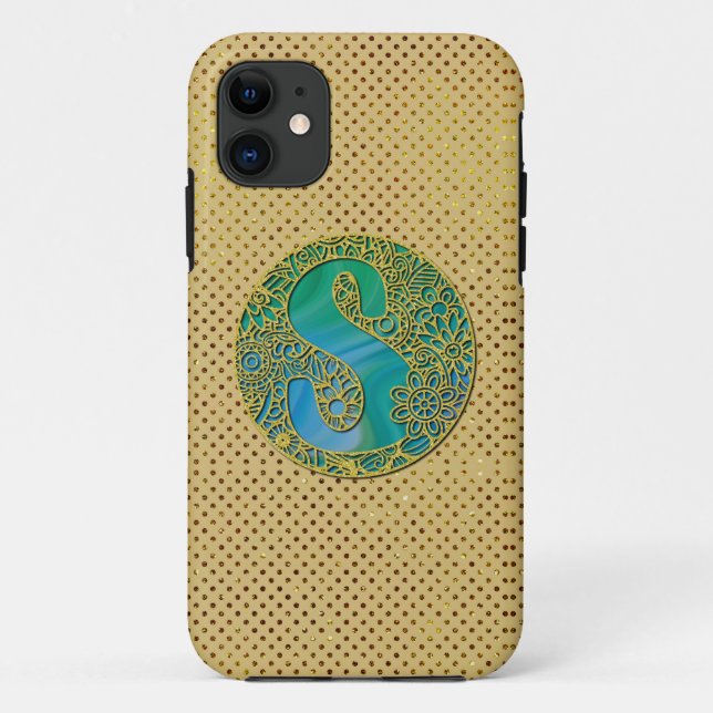 Modern Monogram Initial Gold Letter and Turquoise Case-Mate iPhone Case (Back)