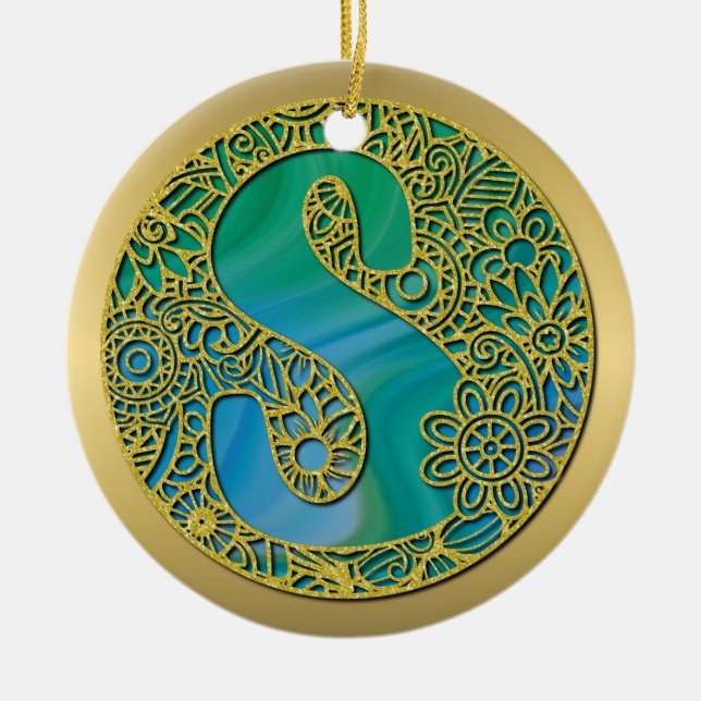 Modern Monogram Initial Gold Letter and Turquoise Ceramic Ornament (Front)