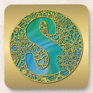 Modern Monogram Initial Gold Letter and Turquoise Coaster