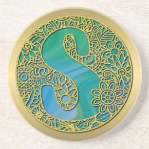 Modern Monogram Initial Gold Letter and Turquoise Coaster