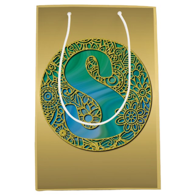 Modern Monogram Initial Gold Letter and Turquoise Medium Gift Bag (Front)