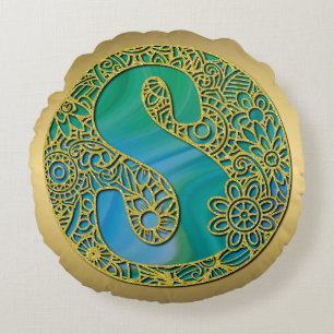 Modern Monogram Initial Gold Letter and Turquoise Round Cushion