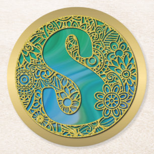 Modern Monogram Initial Gold Letter and Turquoise Round Paper Coaster