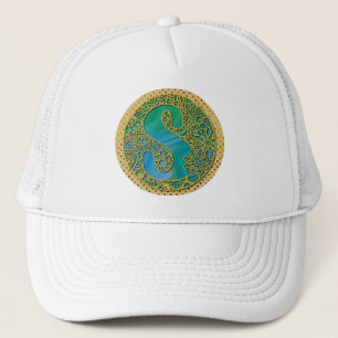 Modern Monogram Initial Gold Letter and Turquoise Trucker Hat