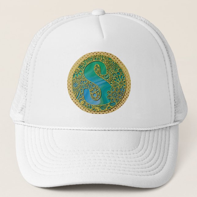 Modern Monogram Initial Gold Letter and Turquoise Trucker Hat (Front)