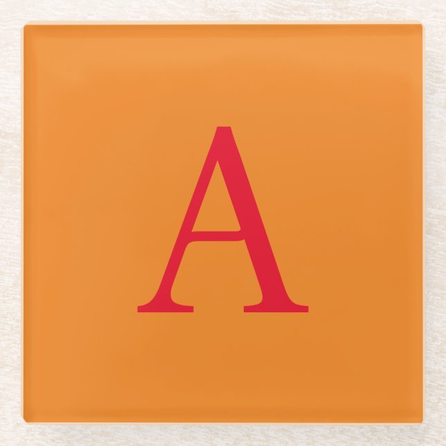 Modern Monogram Initial Letter Trendy Orange Red Glass Coaster (Front)