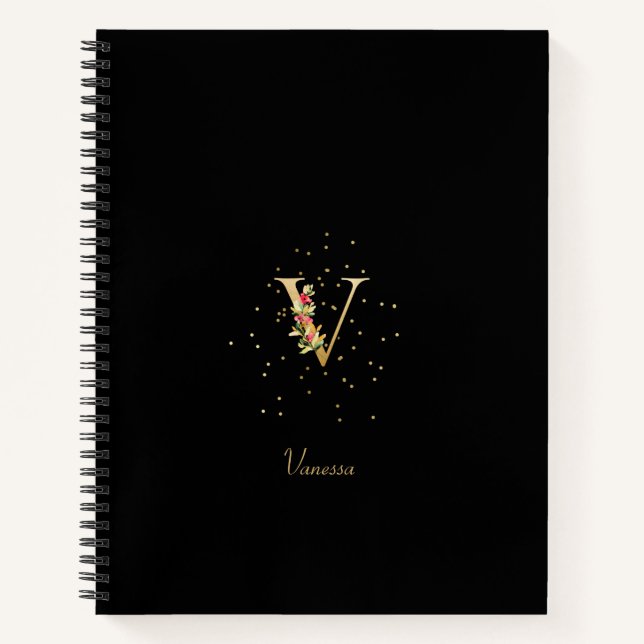 Modern Monogram Initial Letter V Floral Pattern Notebook (Front)