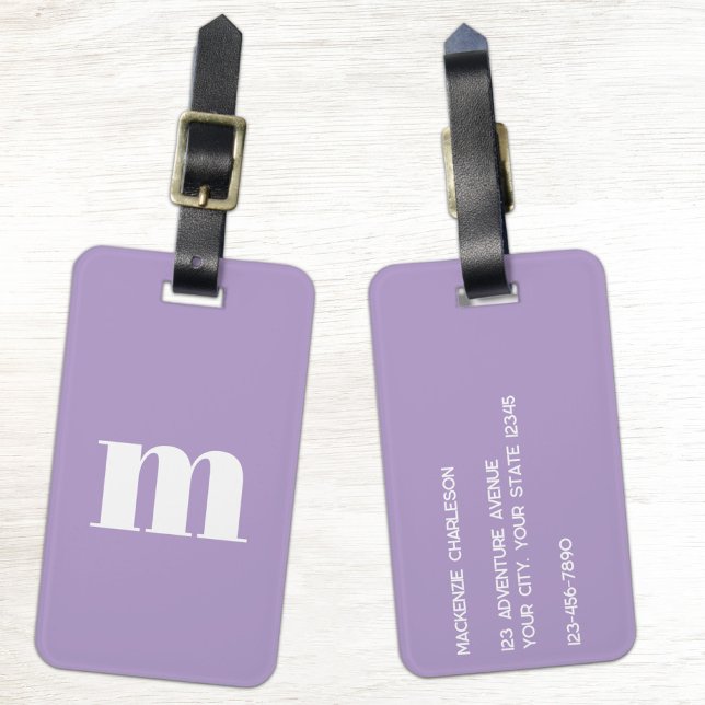 Modern Monogram Initial Lilac Pastel Luggage Tag (Modern monogram initials personalized minimalist dopamine lilac purple luggage tag for adventurers)