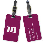Modern Monogram Initial Luggage Tag<br><div class="desc">Modern lower case typography minimalist monogram initial design which can be changed to personalise,  along with the details on the reverse. White on a burgundy background.</div>