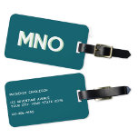 Modern Monogram Initial Luggage Tag<br><div class="desc">Modern minimalist monogram initial design which can be changed to personalise,  along with the details on the reverse. White on a teal green background with a light apple green drop shadow.</div>