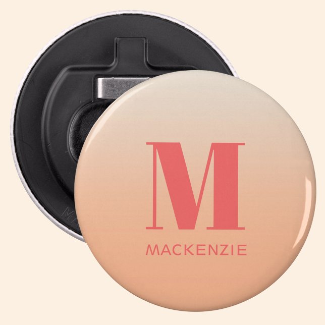 Modern Monogram Initial Name Peach Gradient Bottle Opener (Modern monogram initial name personalized button style bottle opener)