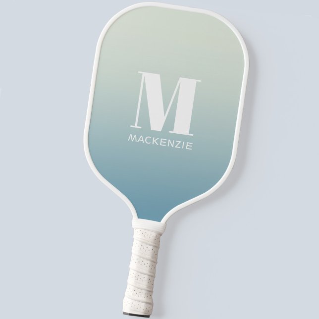Modern Monogram Initial Name Teal Aqua Gradient Pickleball Paddle (Modern monogram initial name personalized teal to aqua blue ocean gradient pickleball paddle)