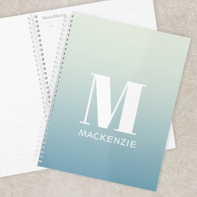 Modern Monogram Initial Name Teal Aqua Gradient Planner (Simple modern monogram name personalized teal to aqua ocean gradient planner)