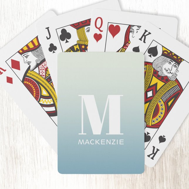 Modern Monogram Initial Name Teal Aqua Gradient Playing Cards (Simple modern monogram name personalized teal aqua green ocean gradient playing cards)