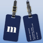 Modern Monogram Initial Navy Blue Luggage Tag<br><div class="desc">Modern lower case typography minimalist monogram initial design which can be changed to personalise,  along with the details on the reverse. White on a navy blue background.</div>