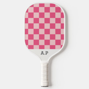 Modern Monogram Initial Pink Checkerboard Pickleball Paddle